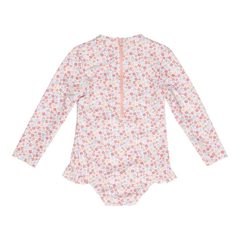 Bathsuit long sleeves ruffles Multi Flowers Pink
