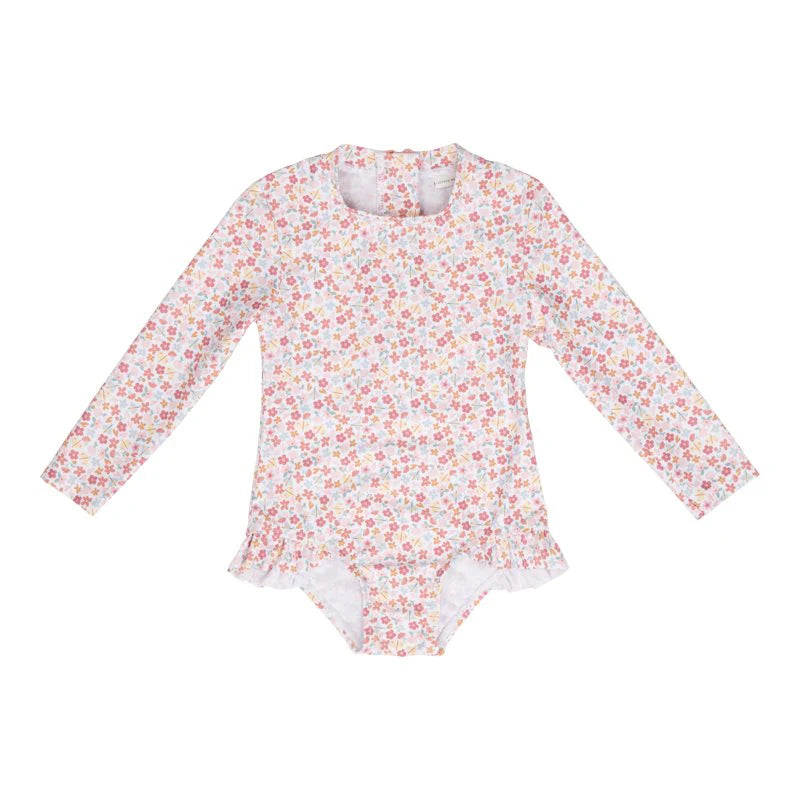 Bathsuit long sleeves ruffles Multi Flowers Pink