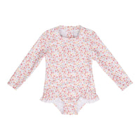 Bathsuit long sleeves ruffles Multi Flowers Pink