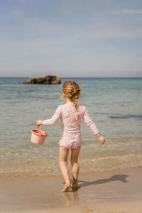 Bathsuit long sleeves ruffles Multi Flowers Pink