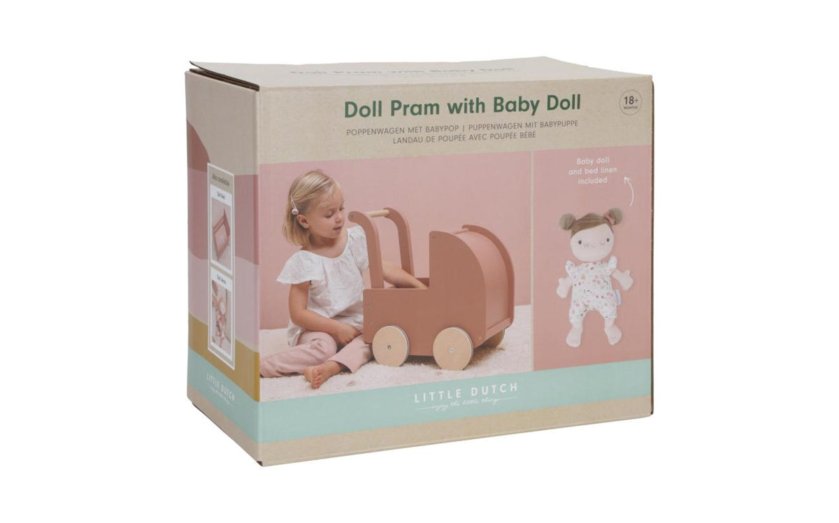 Wooden doll pram with doll