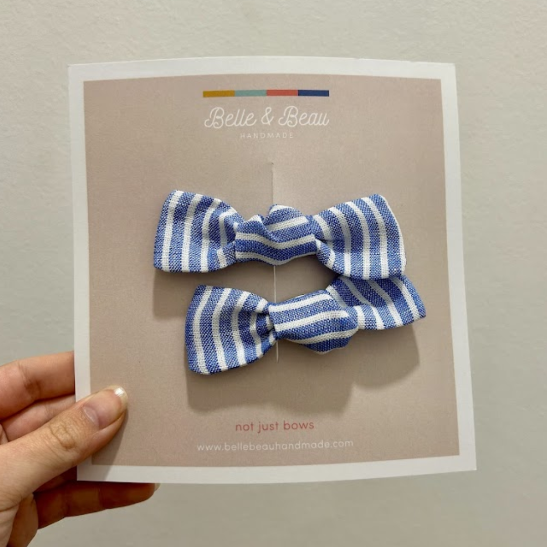 Handtied Blue Linen Stripes Bow Set BB07