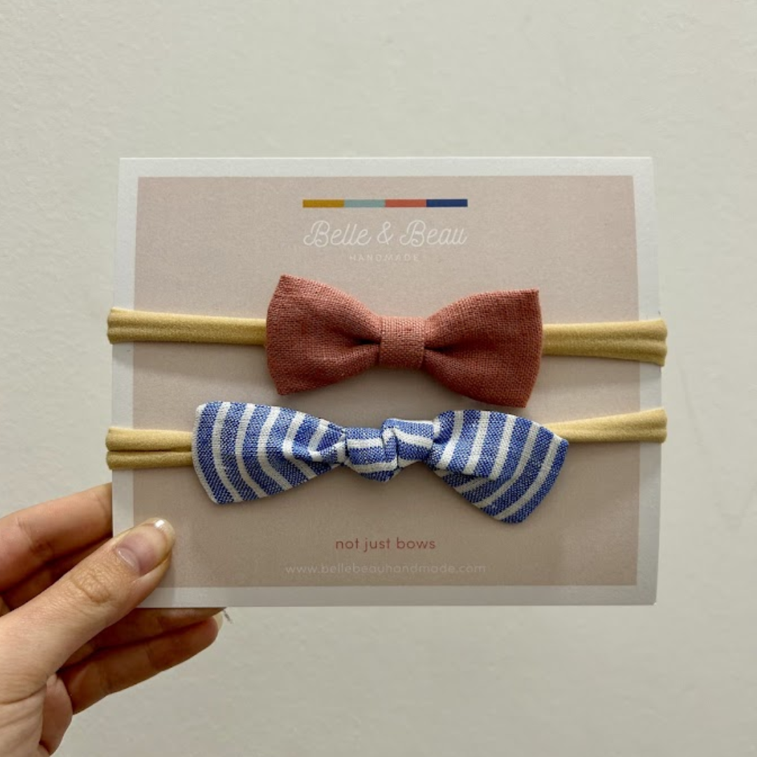 Pink & Handtied Blue Stripe Linen Headband HB06