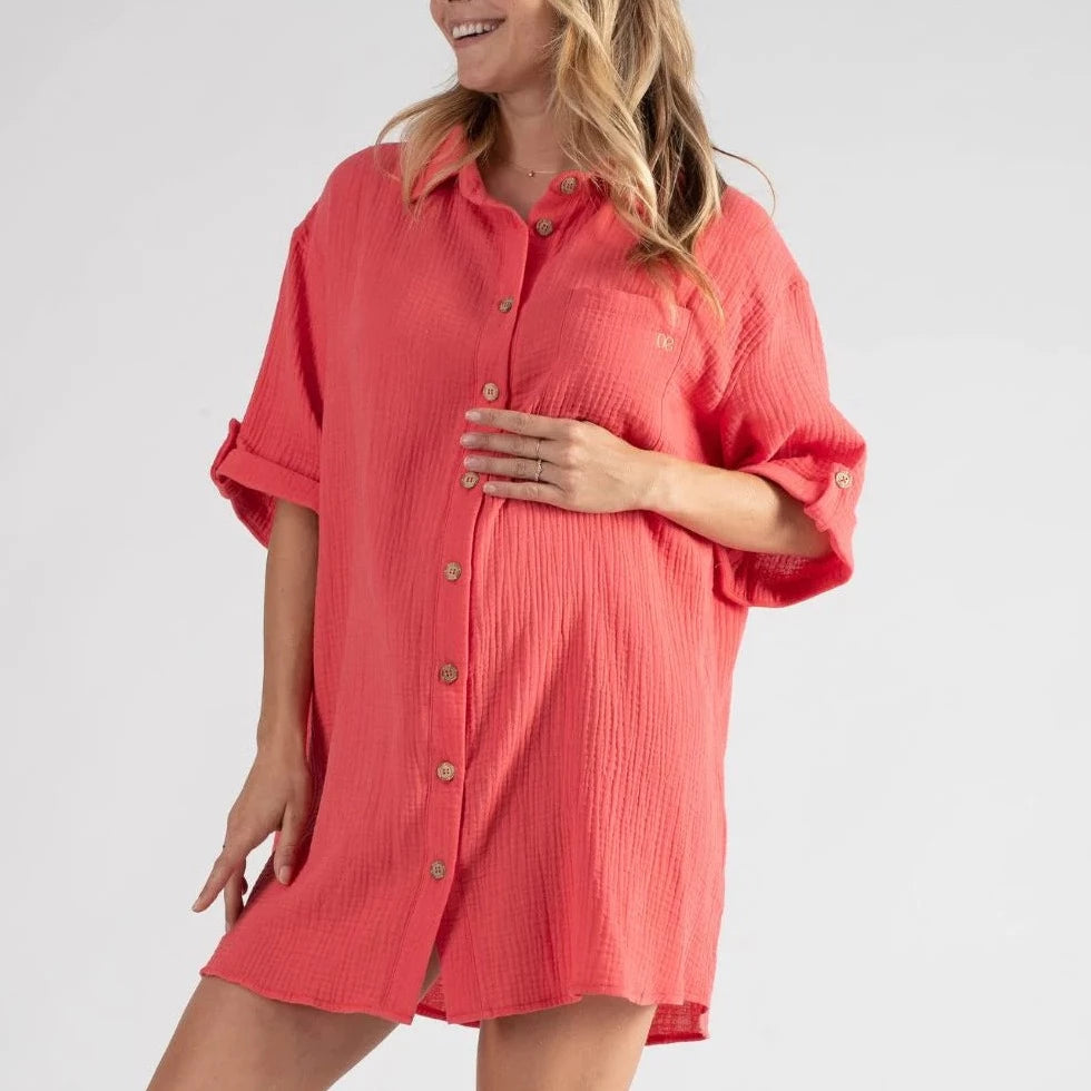 Bertille coral maternity and nursing shirt dress