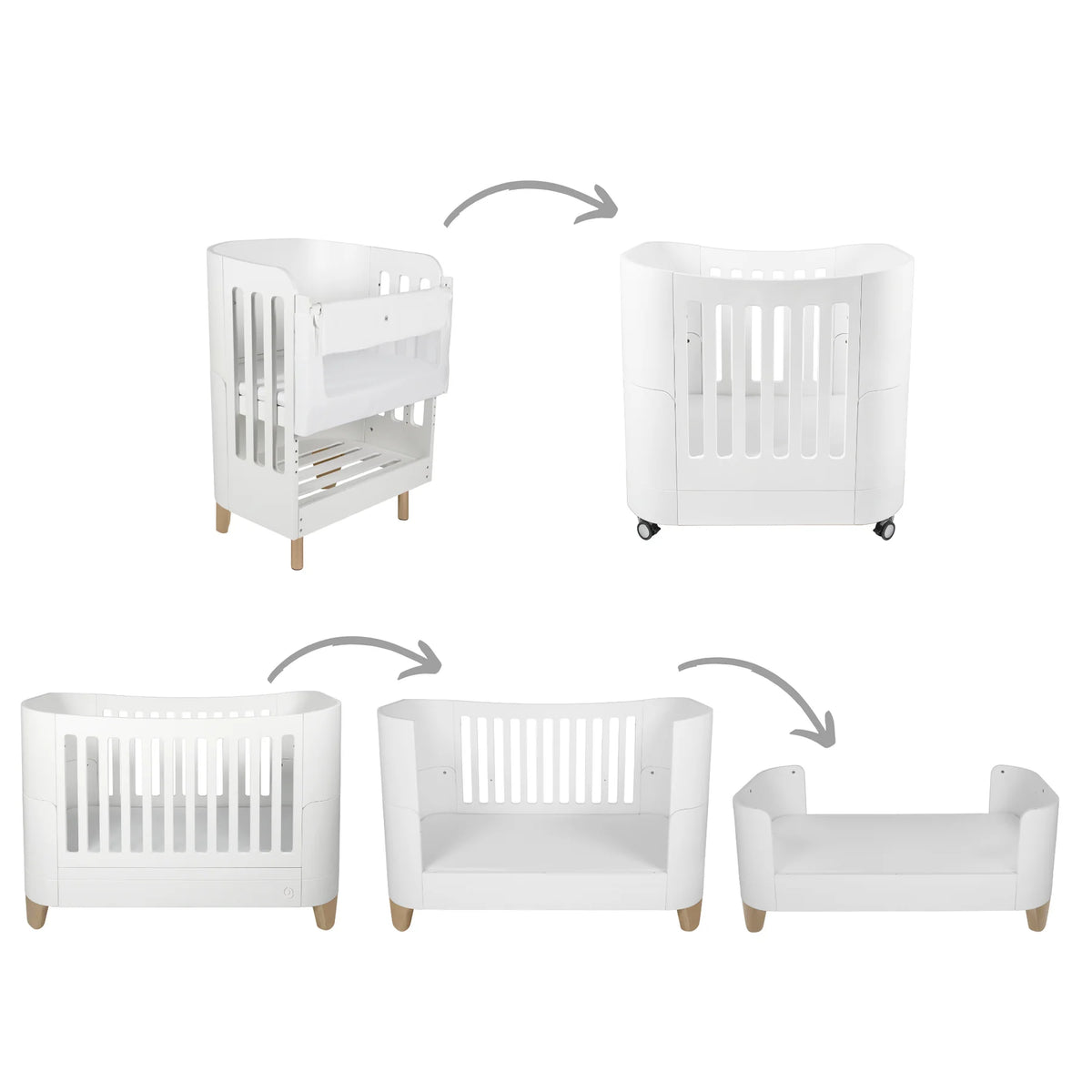 White crib showing multiple stages of growth on a white background