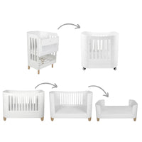 White crib showing multiple stages of growth on a white background