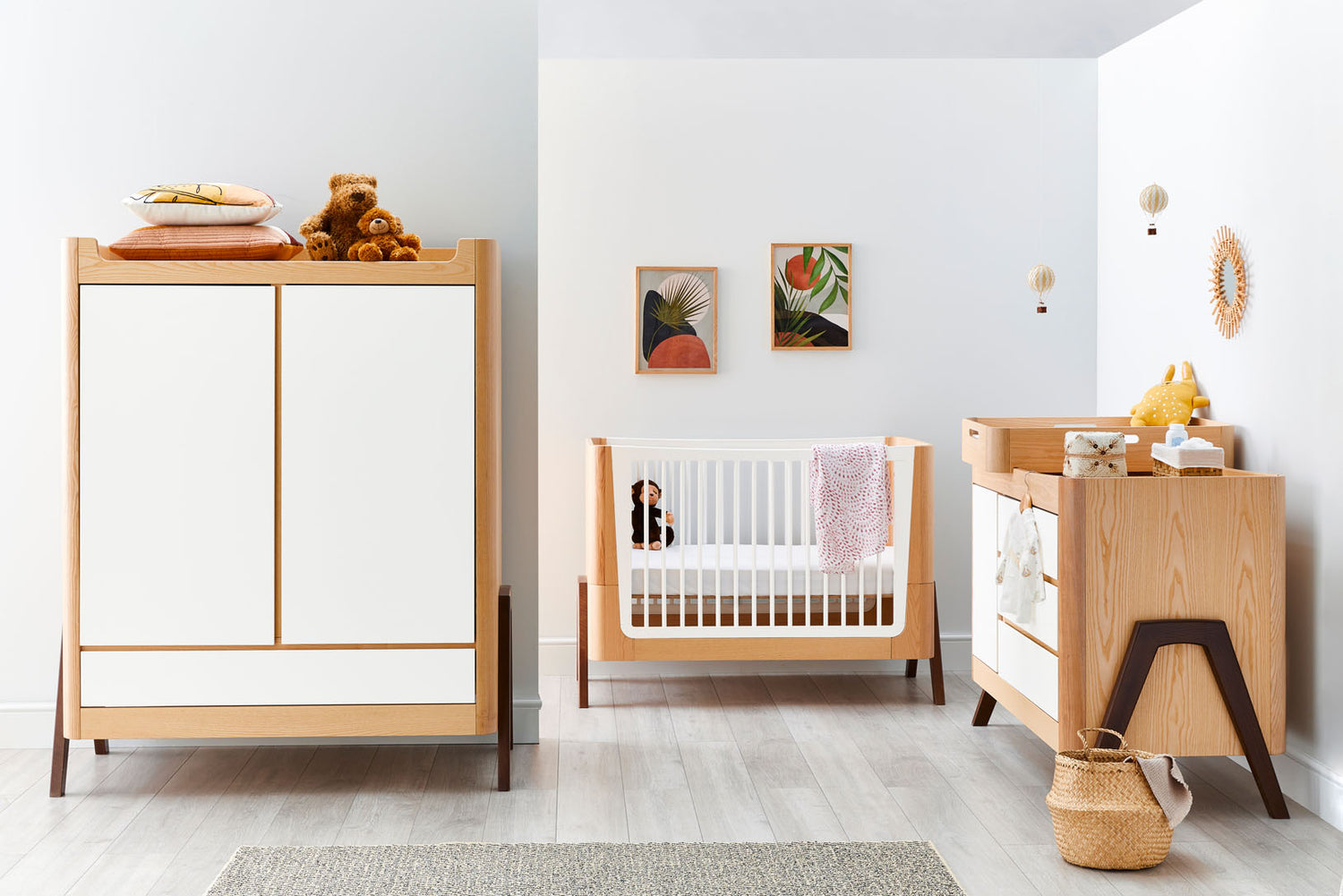 Hera 3 Piece Set - Cot, Dresser & Wardrobe - Natural/Walnut