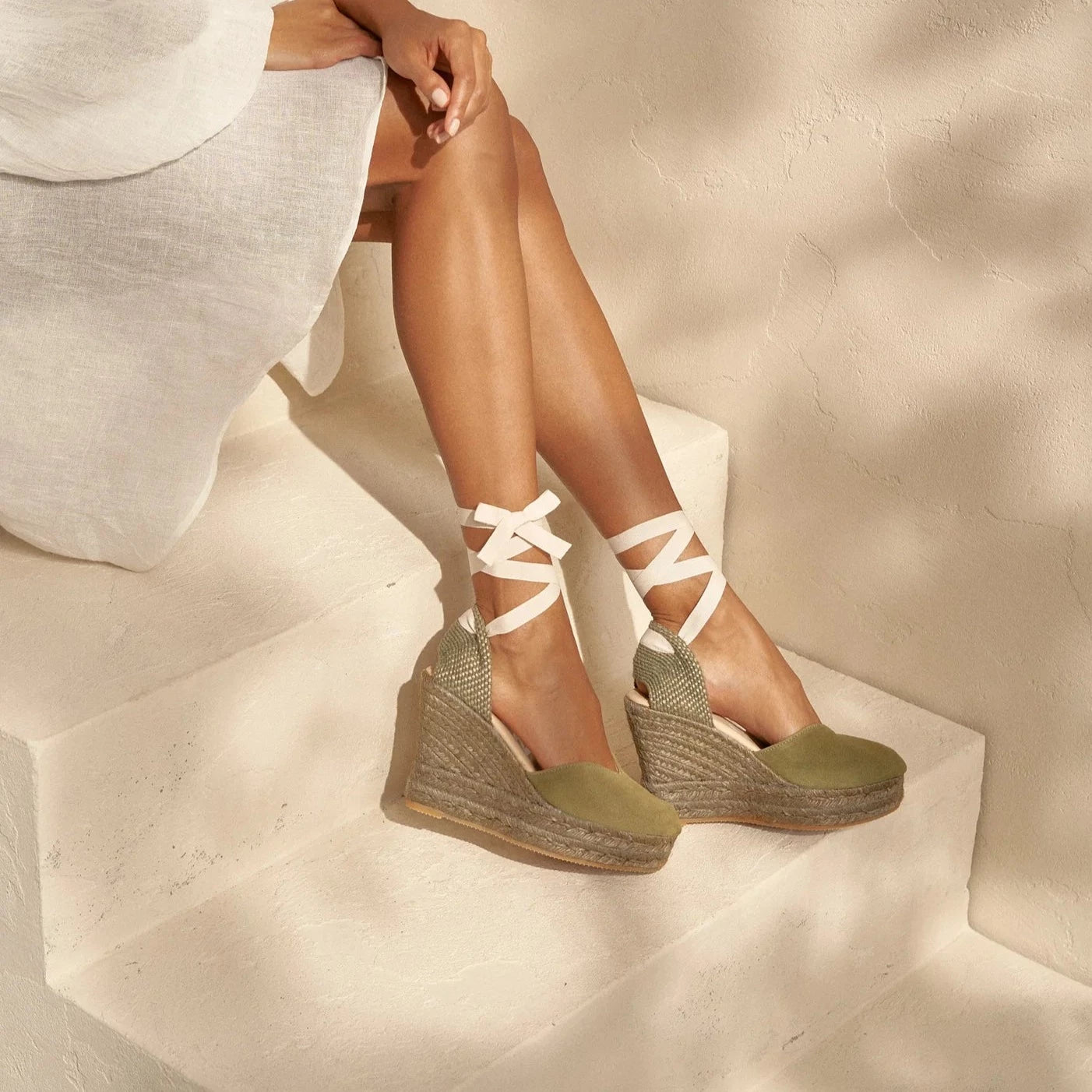 Women's Soft Suede Heart-Shaped Wedge Espadrilles Hamptons - Kaki Green On Tone