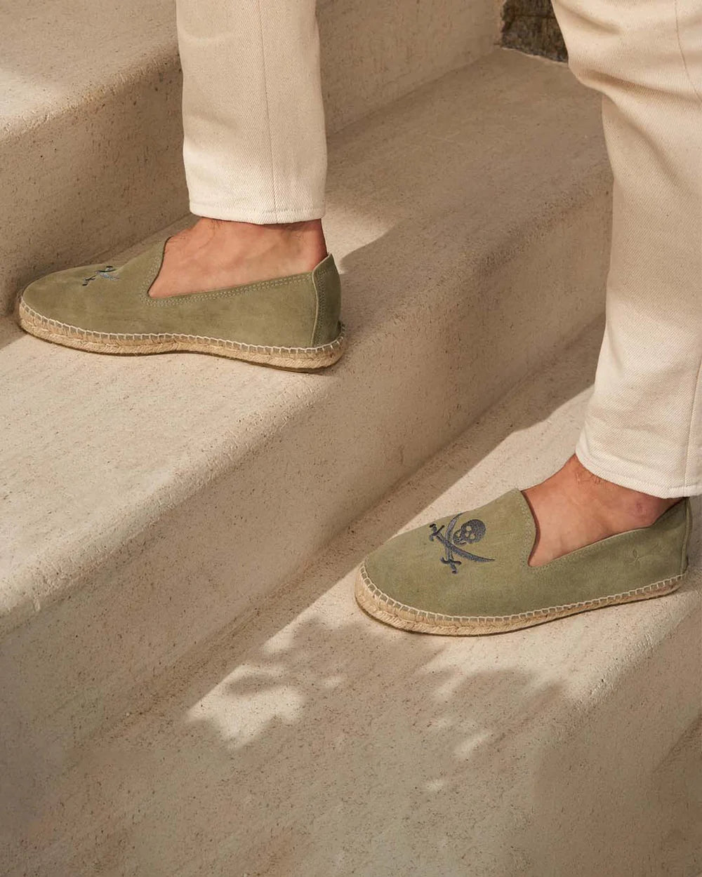 Men's Suede Flat Espadrilles - Military Green & Carbon Skull