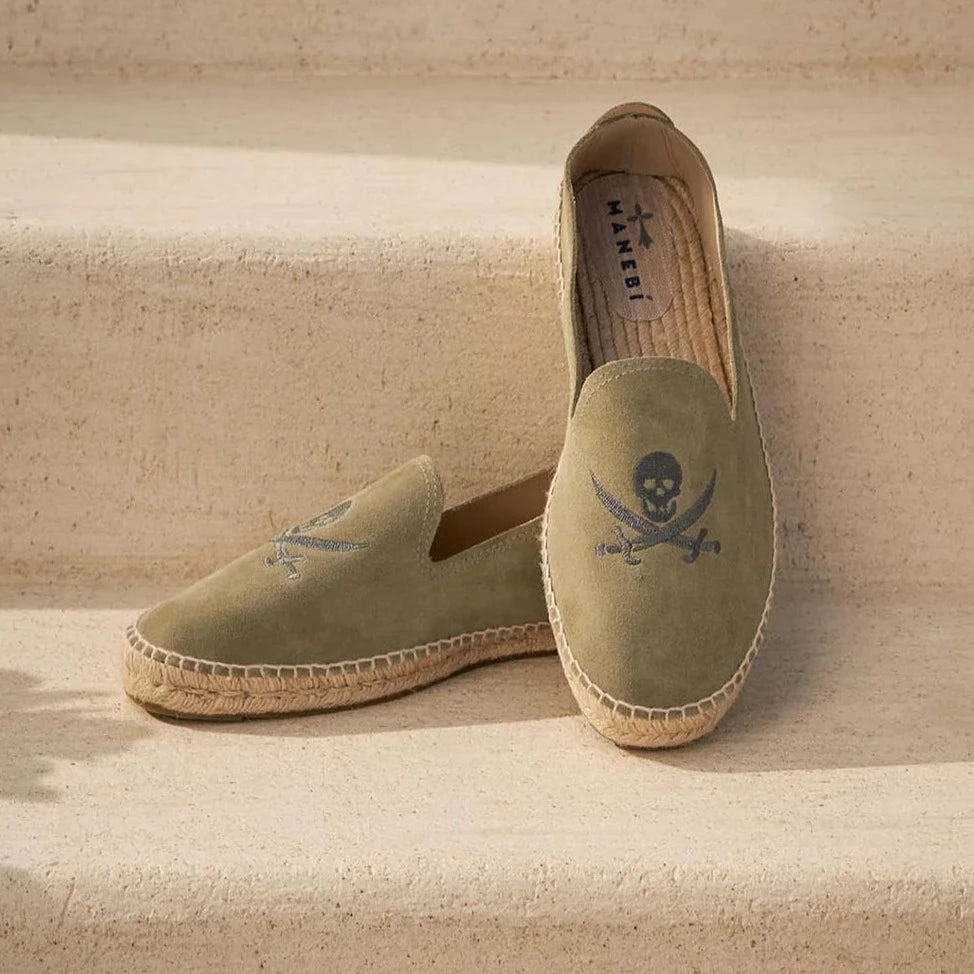 Men's Suede Flat Espadrilles - Military Green & Carbon Skull