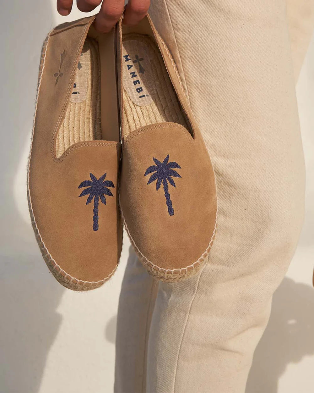 Men's Suede Flat Espadrilles - Washed Beige & Blue Palm