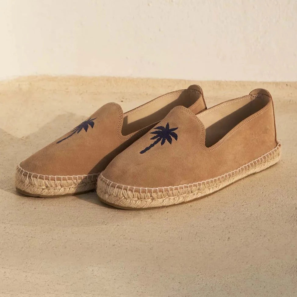 Men's Suede Flat Espadrilles - Washed Beige & Blue Palm