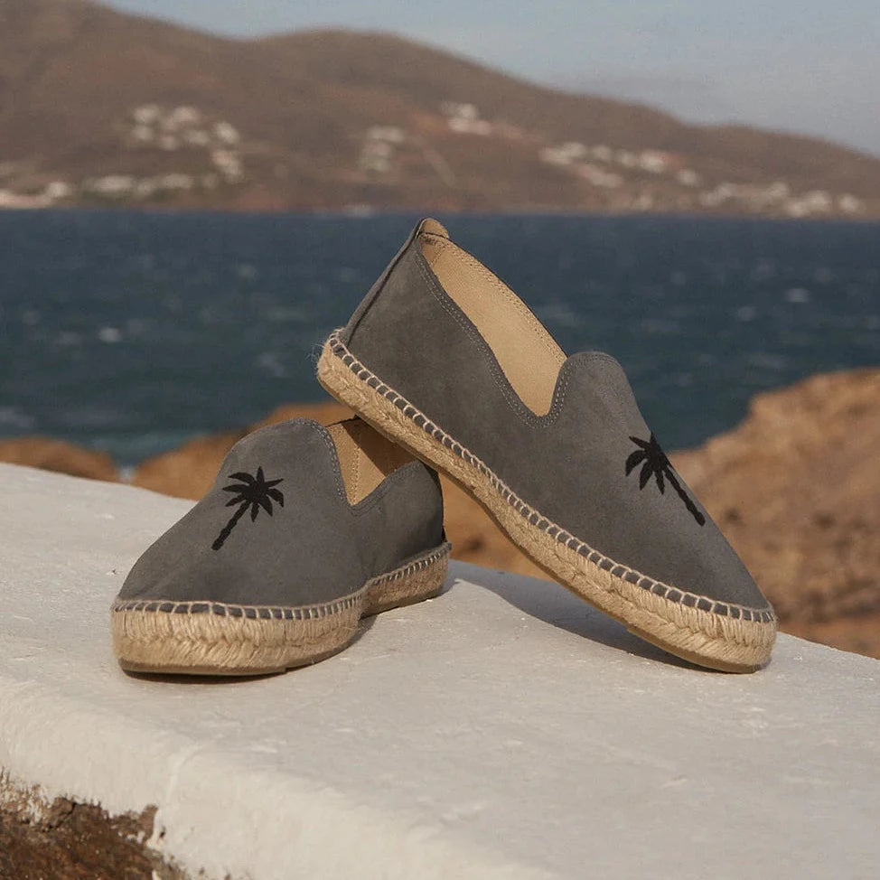 Men's Suede Flat Espadrilles - Carbon Grey & Black Palm
