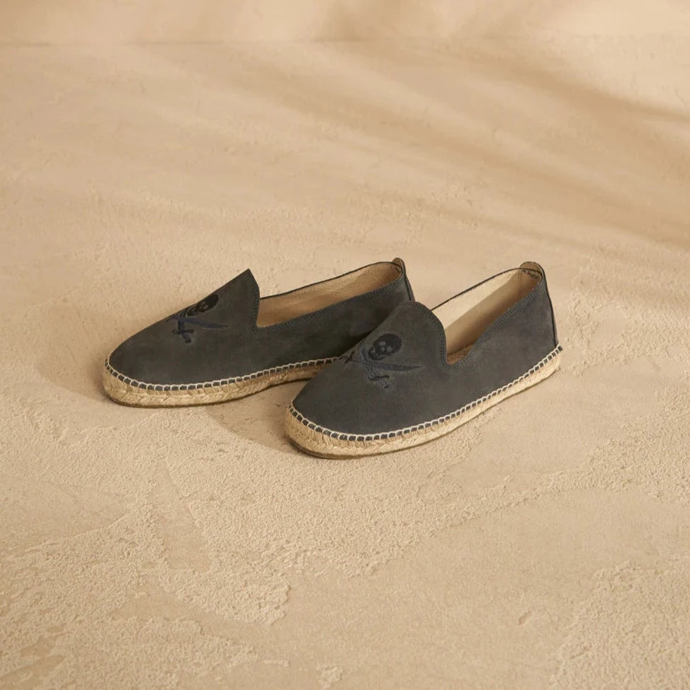 Men's Suede Flat Espadrilles - Carbon Grey & On Tone Skull