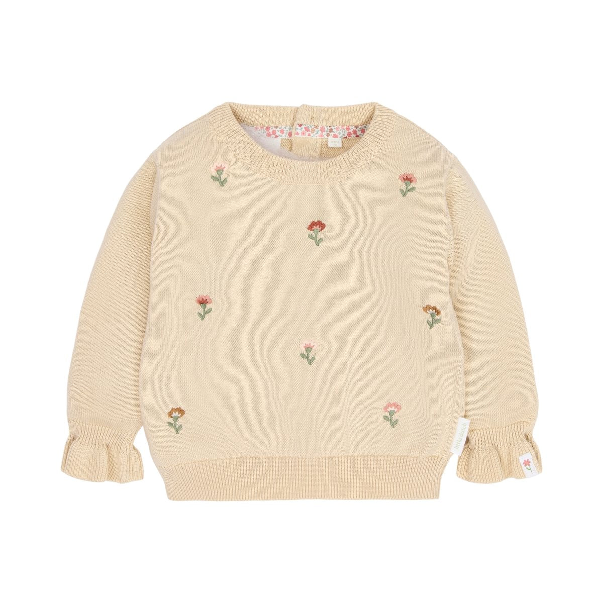 A cream-colored baby sweater with small embroidered flowers in pink, orange, and green scattered across the front, featuring ruffled cuffs and a ribbed crew neck, hem, and cuffs.