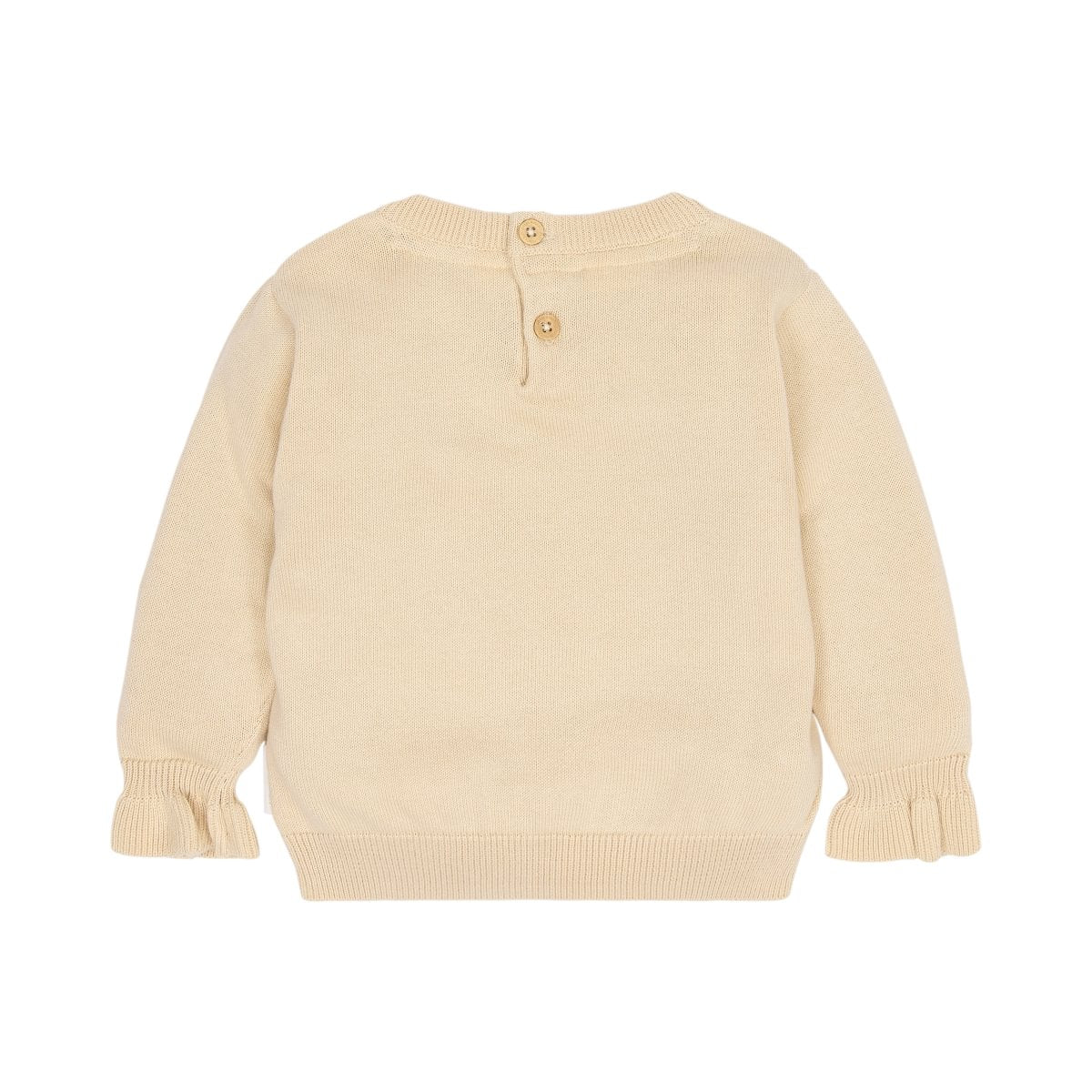A cream-colored knit sweater shown from the back, featuring a buttoned henley neckline with two wooden buttons and ruffled cuffs, set against a plain white background.