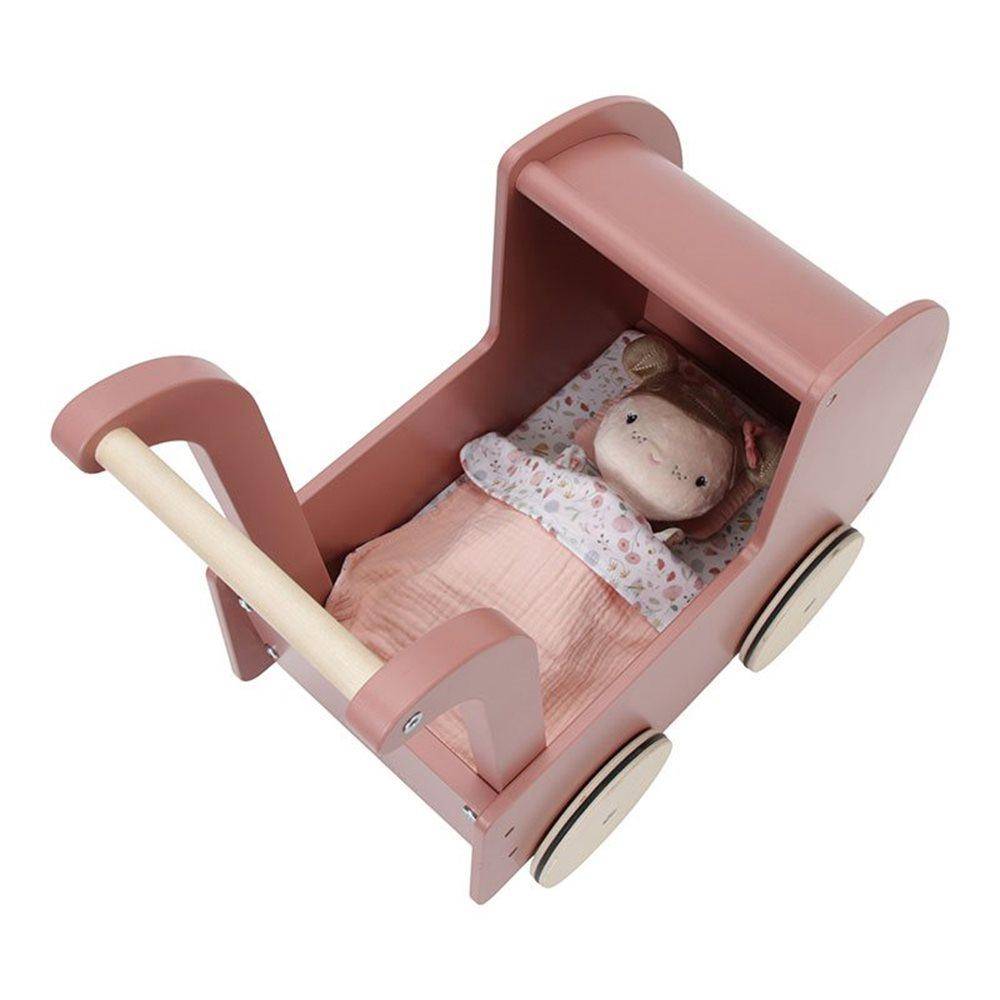 Wooden doll pram with doll