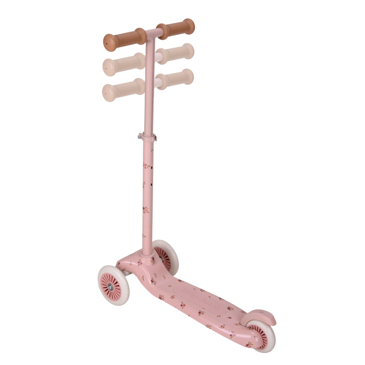 Pink children's scooter with wooden handlebars on a white background