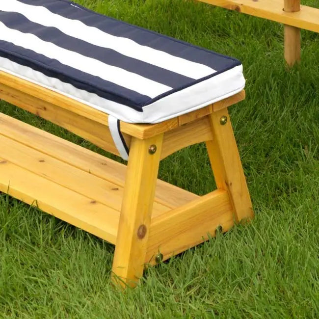 Outdoor Table & Bench Set with Cushions & Umbrella - Navy & White Stripes 106