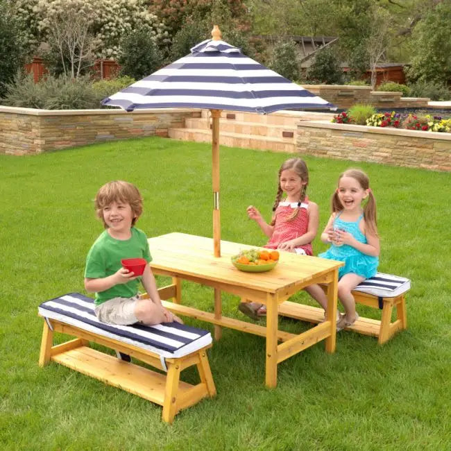 Outdoor Table & Bench Set with Cushions & Umbrella - Navy & White Stripes 106