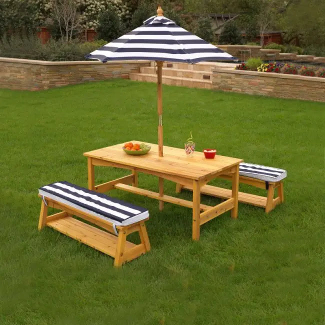 Outdoor Table & Bench Set with Cushions & Umbrella - Navy & White Stripes 106