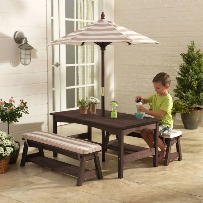 Outdoor Table & Bench Set with Cushions & Umbrella - Oatmeal & White Stripes 500