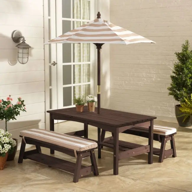 Outdoor Table & Bench Set with Cushions & Umbrella - Oatmeal & White Stripes 500