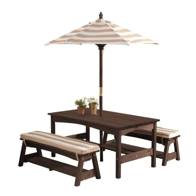 Outdoor Table & Bench Set with Cushions & Umbrella - Oatmeal & White Stripes 500