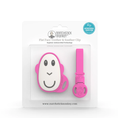 PINK FLAT FACE TEETHER & SOOTHER CLIP SET