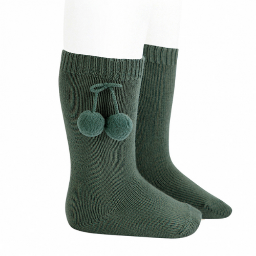 Warm Knee-High Socks With Pompoms - Pine