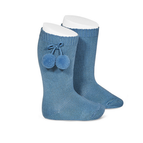 Warm Knee-High Socks With Pompoms - French Blue