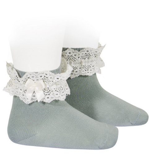 Lace trim cotton socks with bow - Dry Green