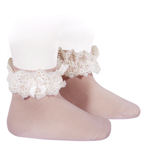Lace trim cotton socks with bow - Pale Pink