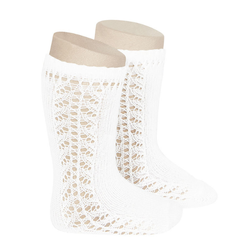 Warm cotton knee socks with side openwork - White