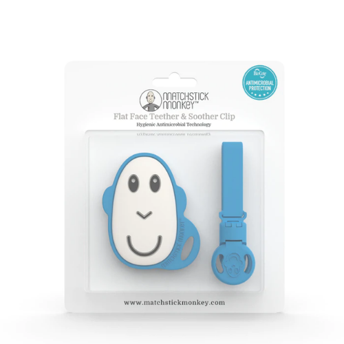 BLUE FLAT FACE TEETHER & SOOTHER CLIP SET
