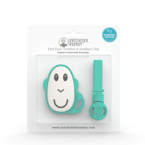 GREEN FLAT FACE TEETHER & SOOTHER CLIP SET