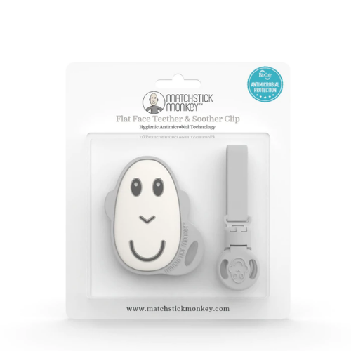 COOL GREY FLAT FACE TEETHER & SOOTHER CLIP SET