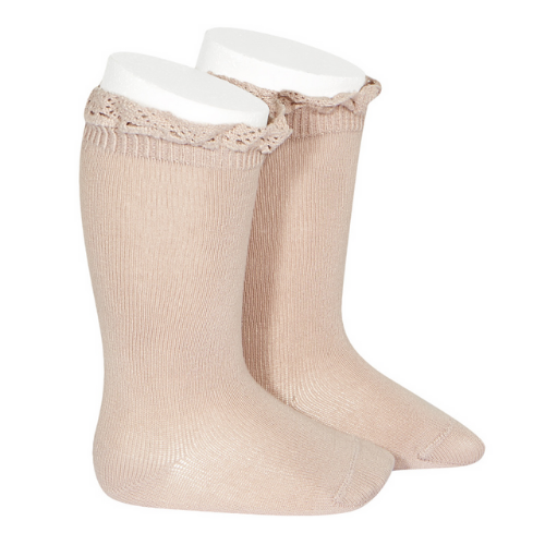 Knee Socks With Lace Edging Cuff - Old Rose
