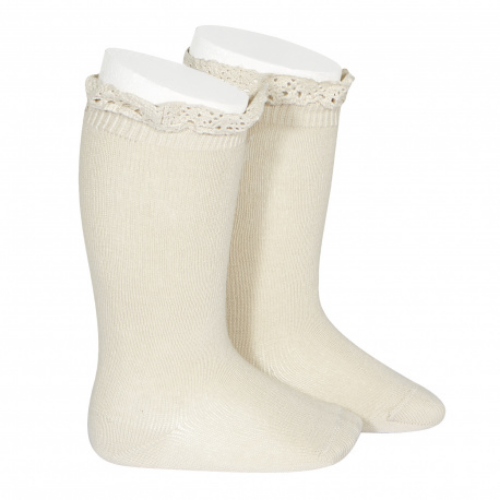 Knee Socks With Lace Edging Cuff - Linen