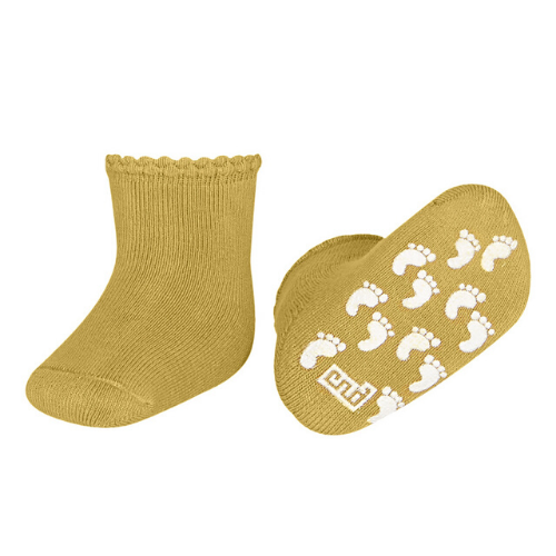 Baby Non-Slip Terry Socks With Patterned Cuff - Mustard