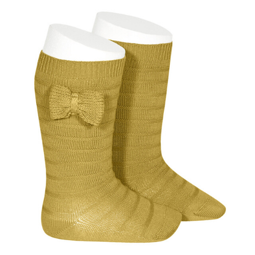 Knit Bow Knee-High Socks - Mustard
