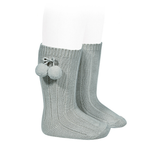 Warm Rib Knee-High Socks With Pompoms - Dry Green