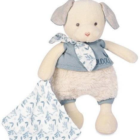 Beige soft toy dog with blue organic cotton comforter