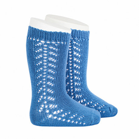 Warm cotton knee socks with side openwork - French Blue